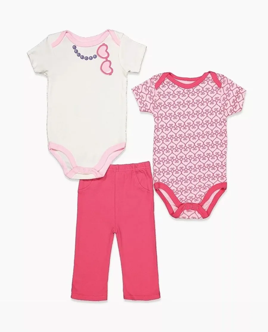 Baby Girl's 3PCS Bodysuit & Pants Set - Heart Sunglasses
