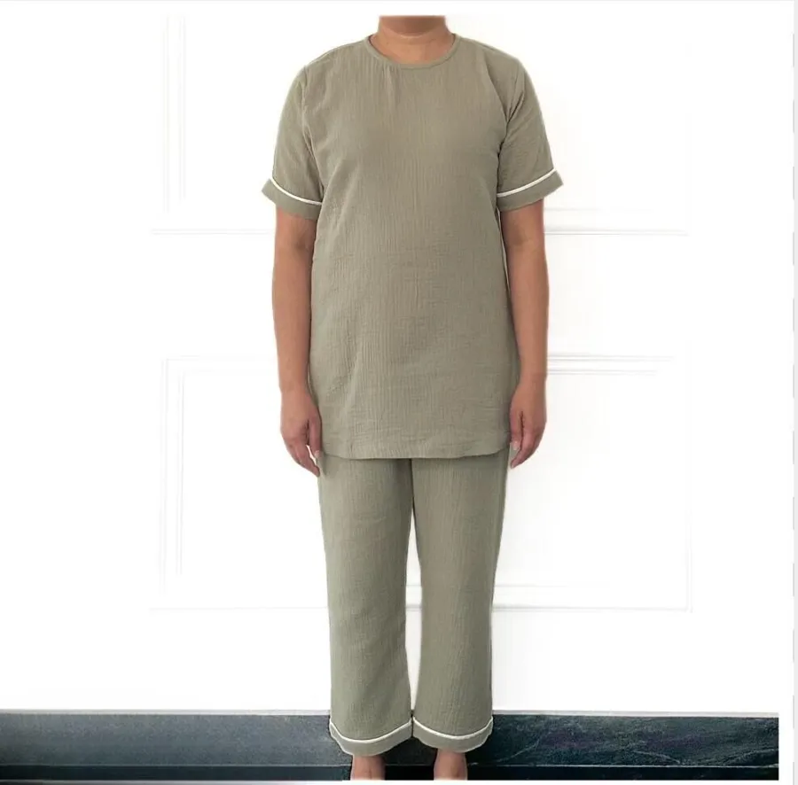 Crinkled Trimmed Crewneck and Pants Set