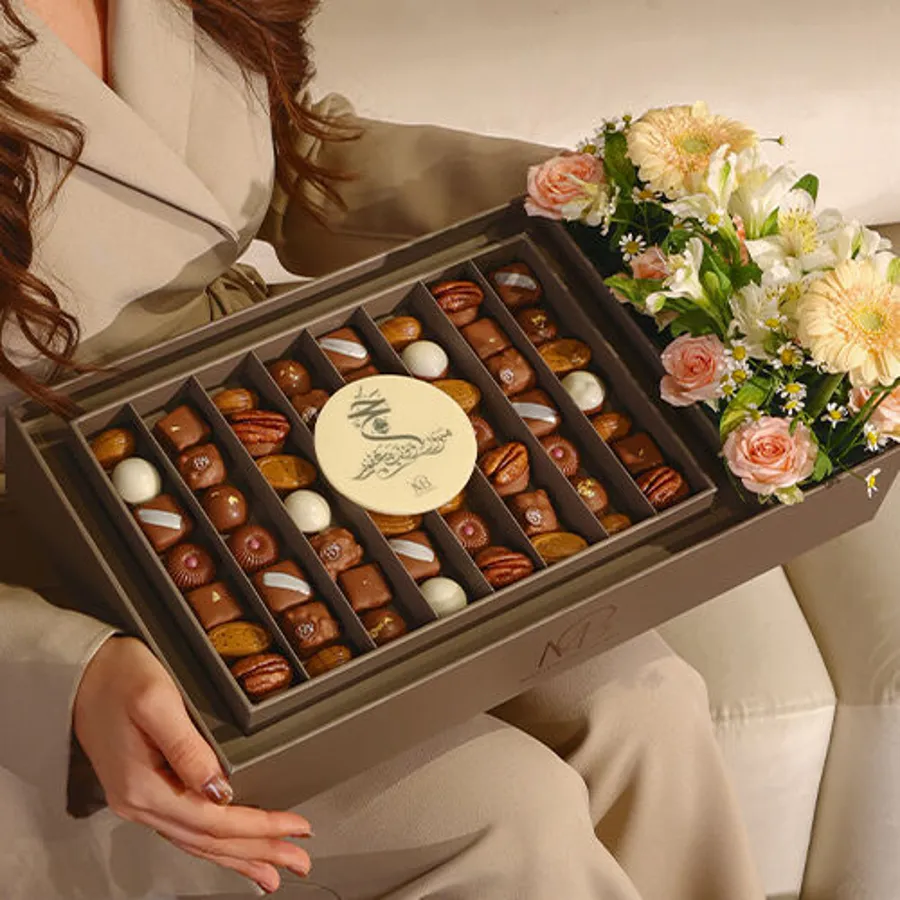 Chocolate box with natural roses Hajj (gray color)