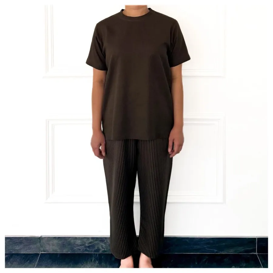 Crew neck linen top/striped bottom