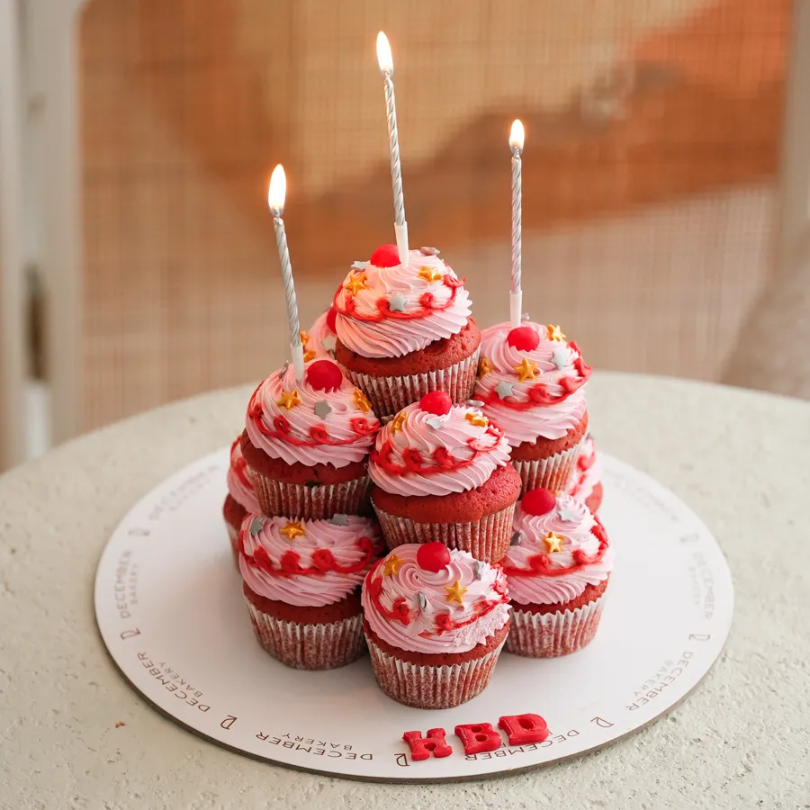 Pink red velvet cup cake towers