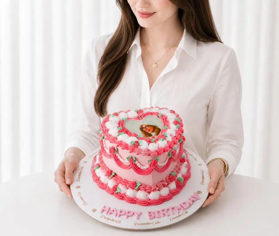 Photo hearts 💕 cake 6inch pink-white cream