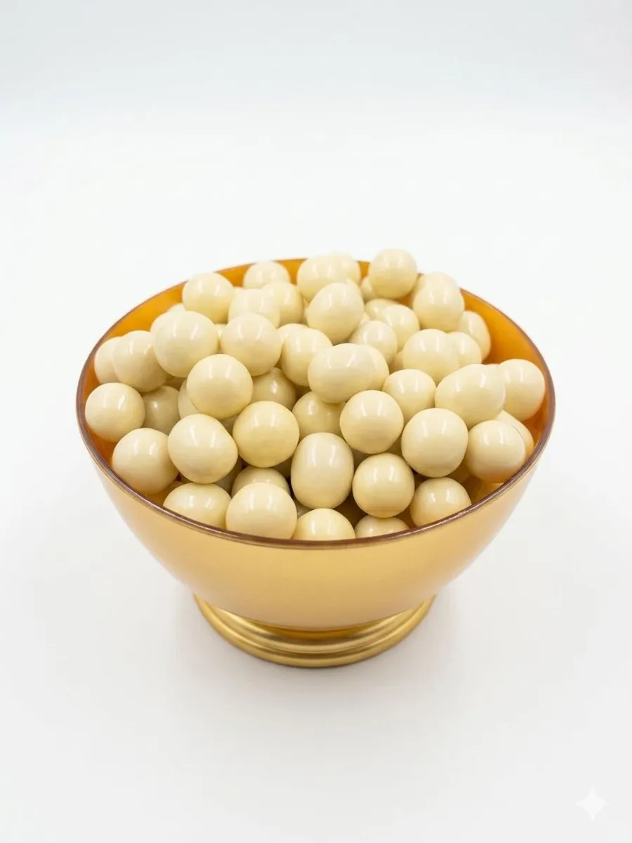 Crispy dragee coated in white chocolate