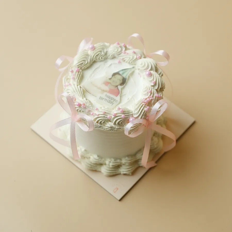 Photo ribbon pink cake small 4inch mix chocolate vanilla
