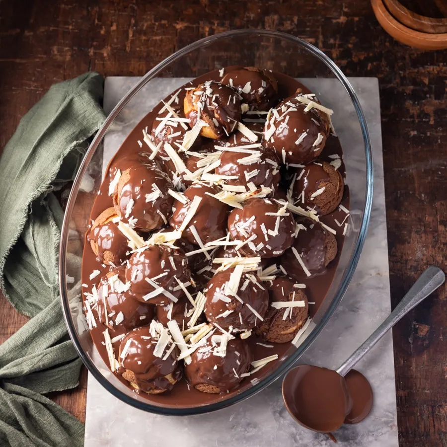 Chocolate Profiterole stuffed with custard