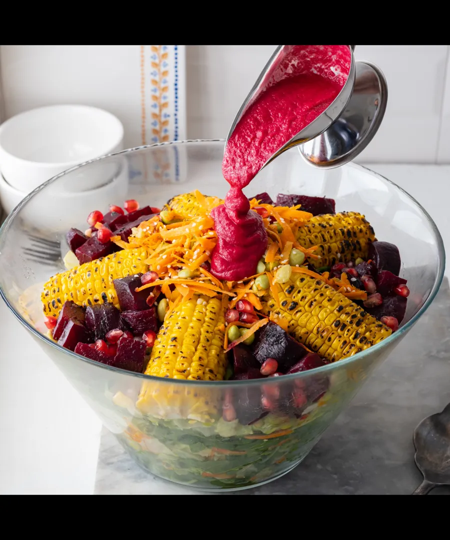 Beetroot edemame corn salad