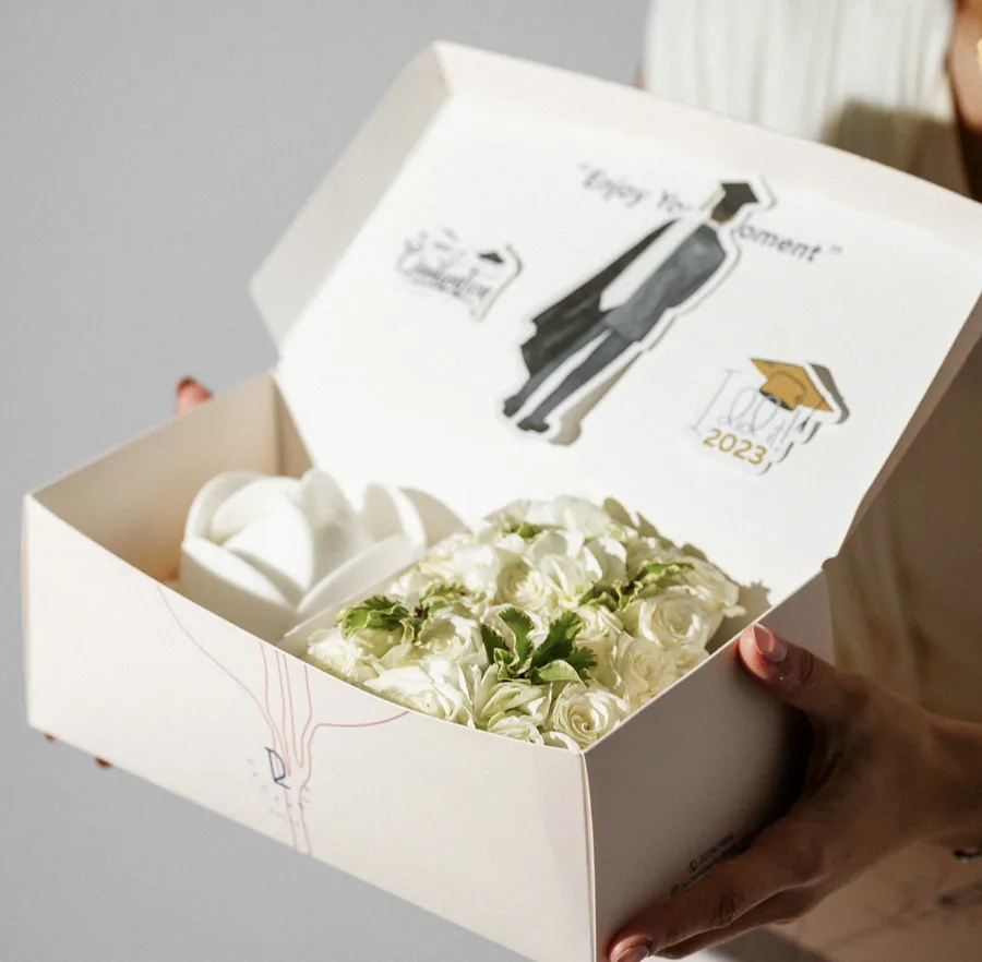 Enjoy your moment box white mini cake 2inch w white flower graduation boy 👨‍🎓