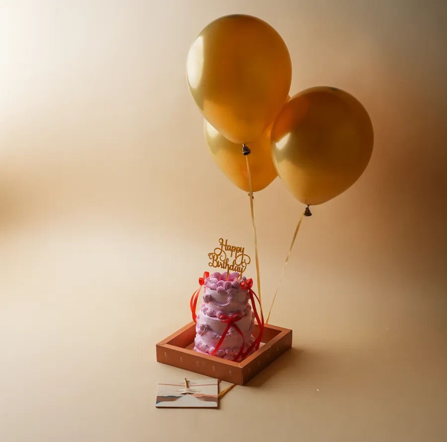 Double mini pink cake red ribbon - 3 balloons gold - happy birthday with candles