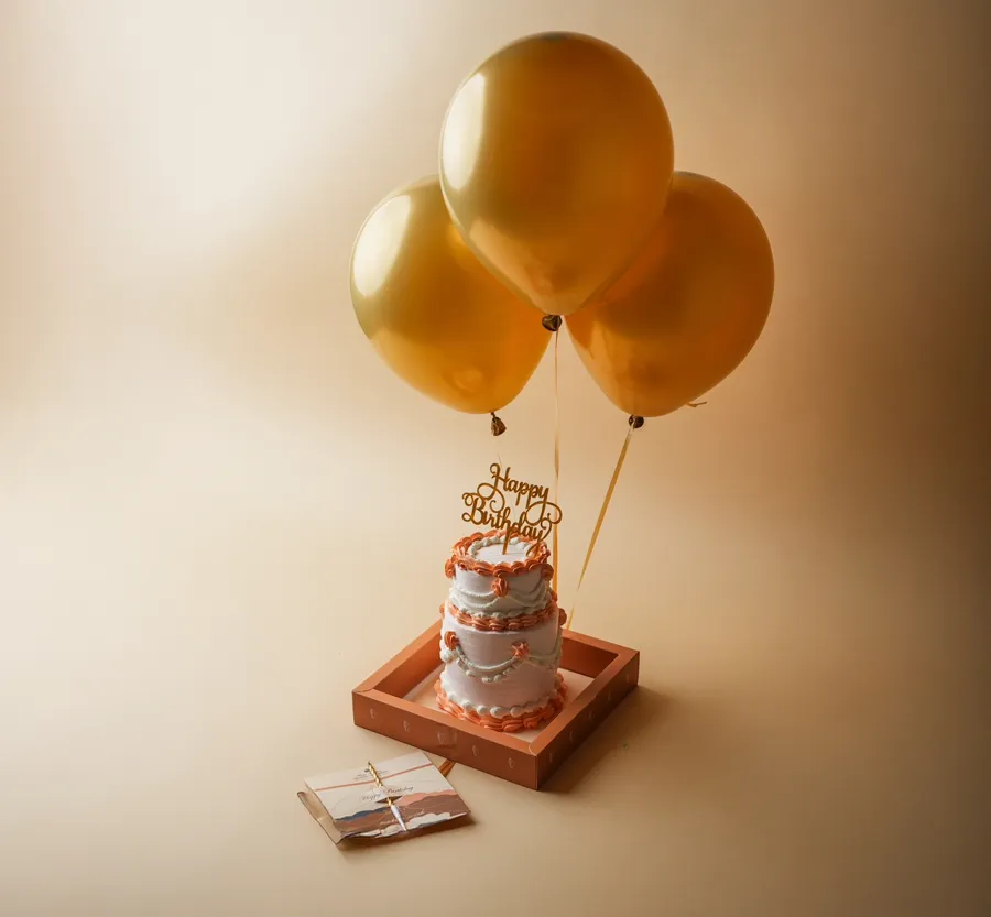 Double mini gold cake - 3 balloons gold- happy birthday with candles