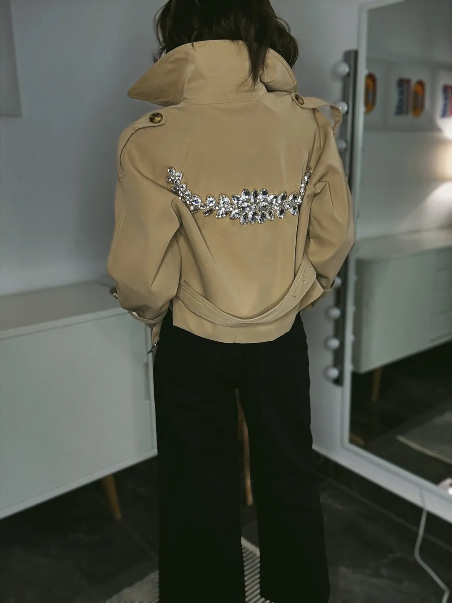 Short Trench coat— crystals on the back
