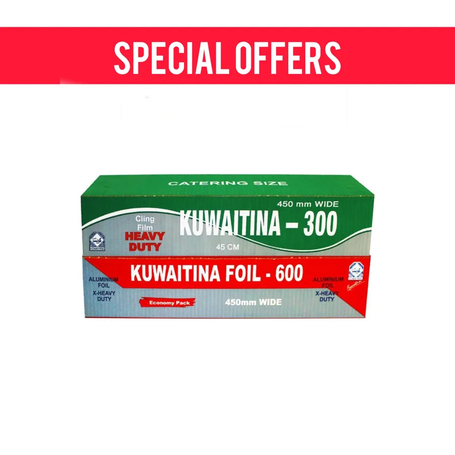 OFFER 2 PCS ( ALUMINIUM FOIL 600 × 45 CM RED + CLING FILM KUWAITINA 45 CM )