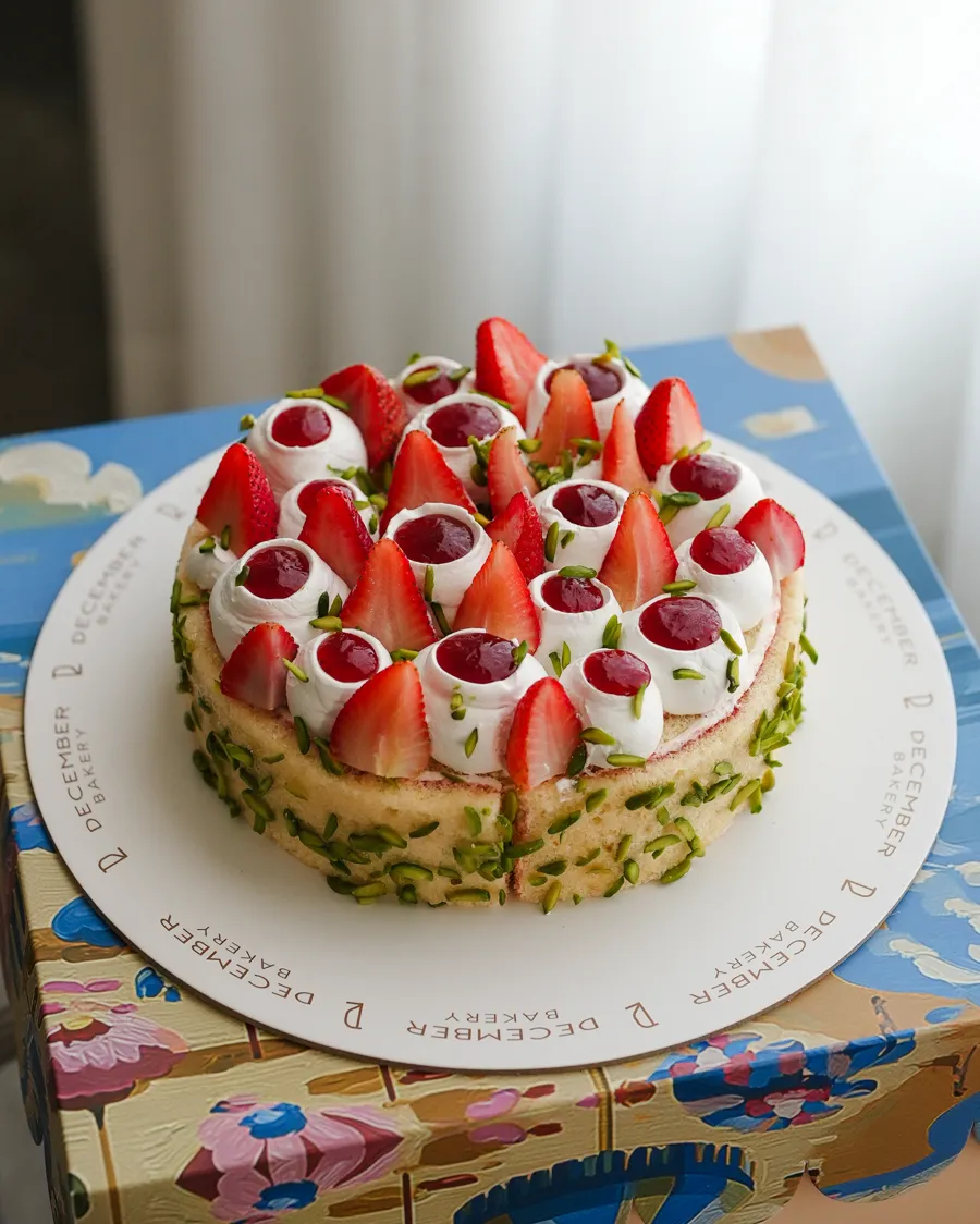 Strawberry and pistachio roll cake