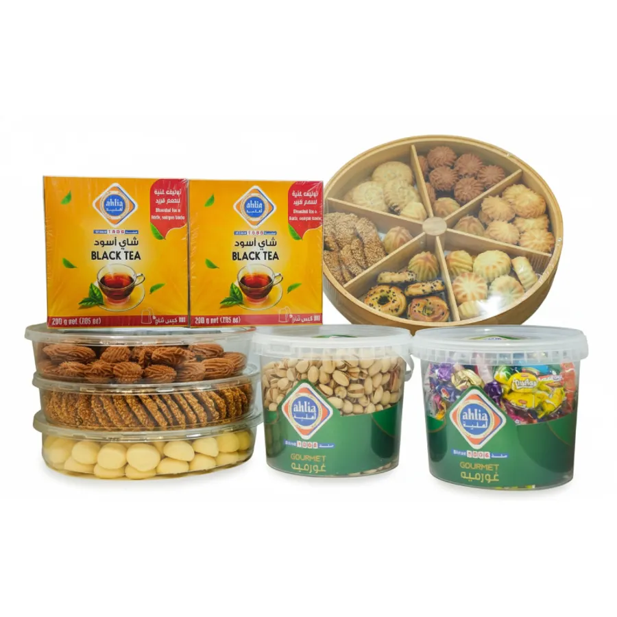 Package Family (1 kg wooden box of sweets, 3 boxes of sweets 1.5 kg, 2 boxes of black tea, 1 kg box of popon, 1 kg box of pistachio salted )