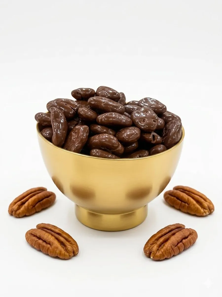 Pecan dragee coated with milk and white chocolate