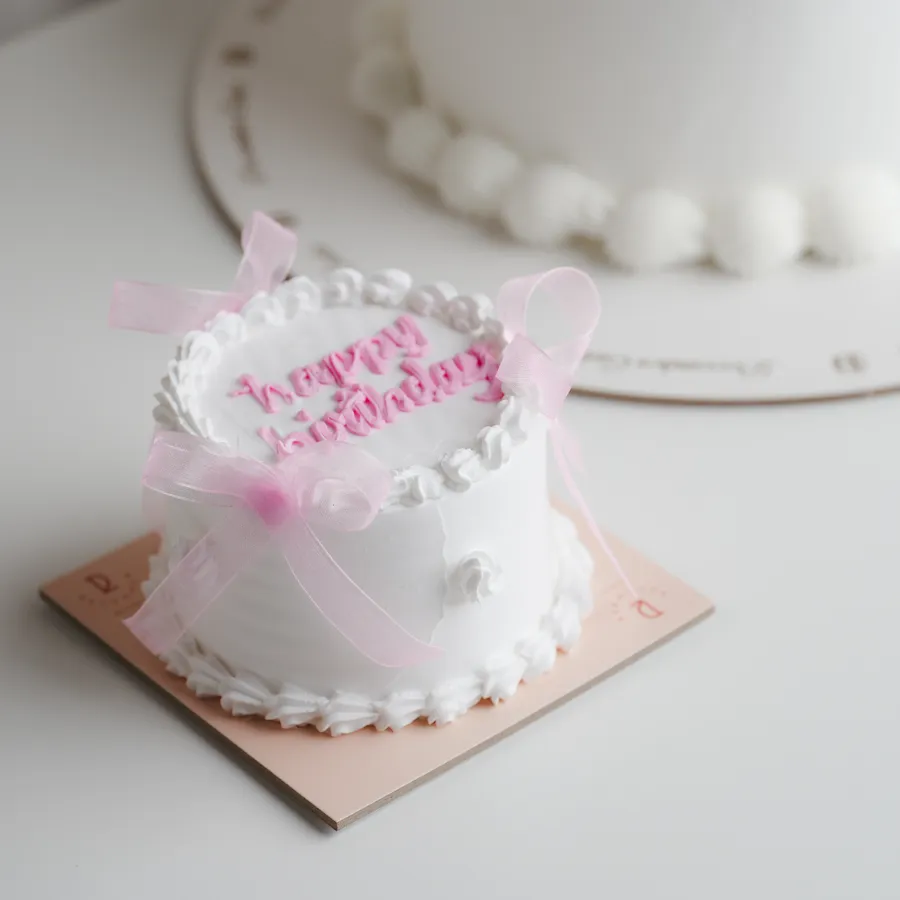 Mini white cake pink ribbon 2inch