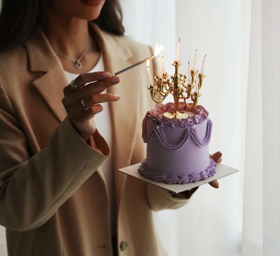 Small purple cake cream with candle 4inch mix chocolate vanilla