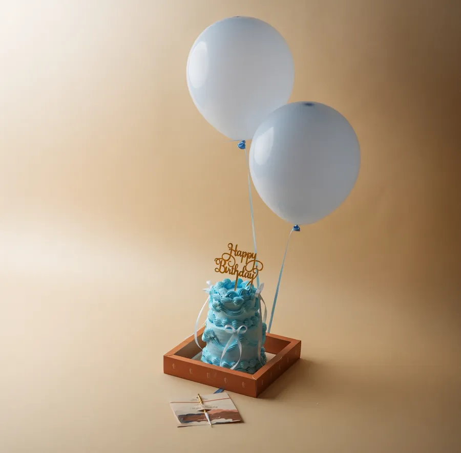 Double mini blue cake blue ribbon - 3 balloons blue - happy birthday with candles