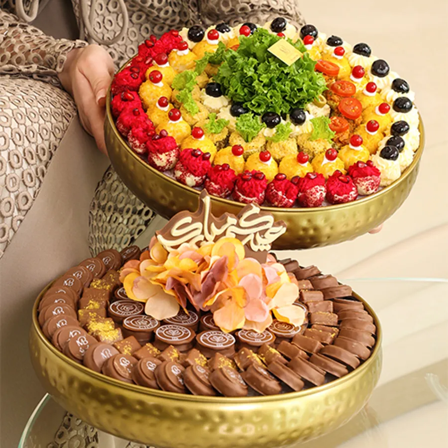 Chocolate mixed pastry tray display eid , golden color