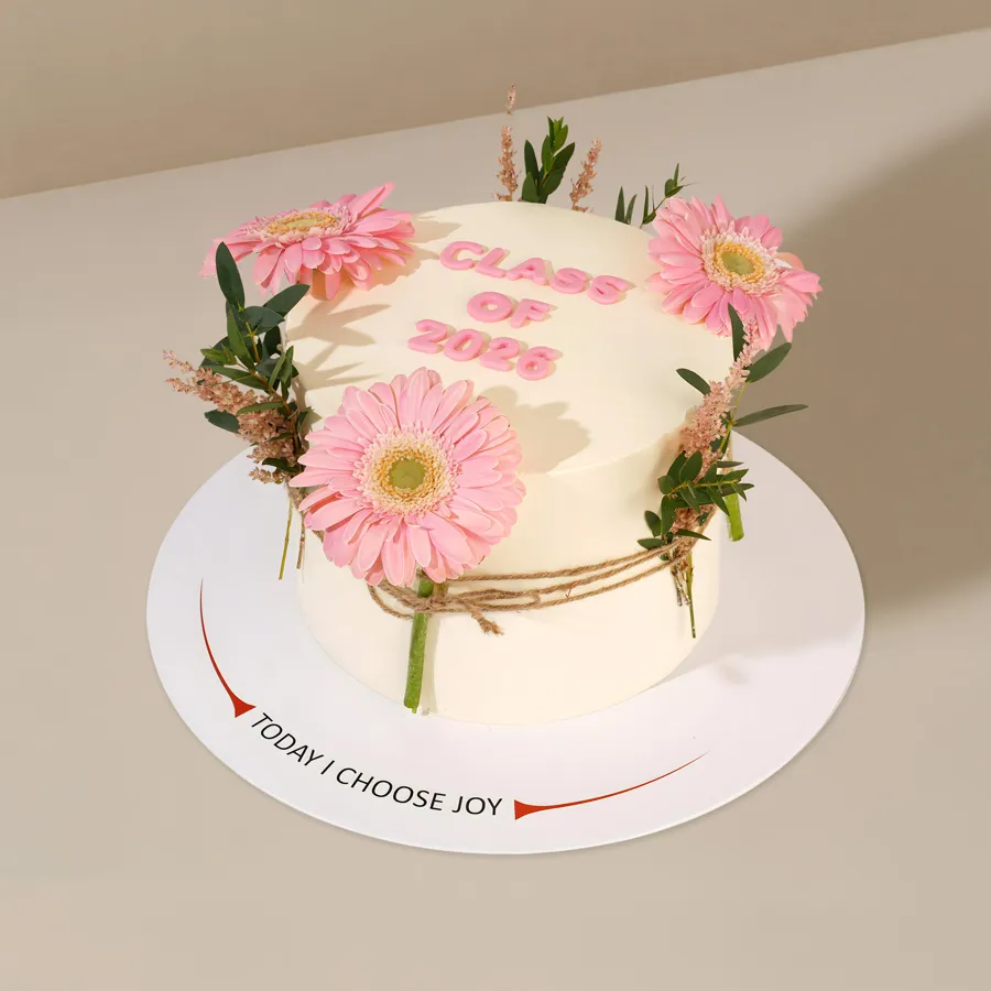 White Grad Cake - Wreath In Pink Gerbera