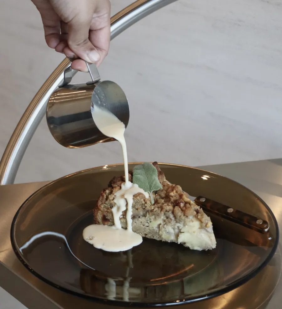gala apple crumb cake with miso custard and burnt sage caramel