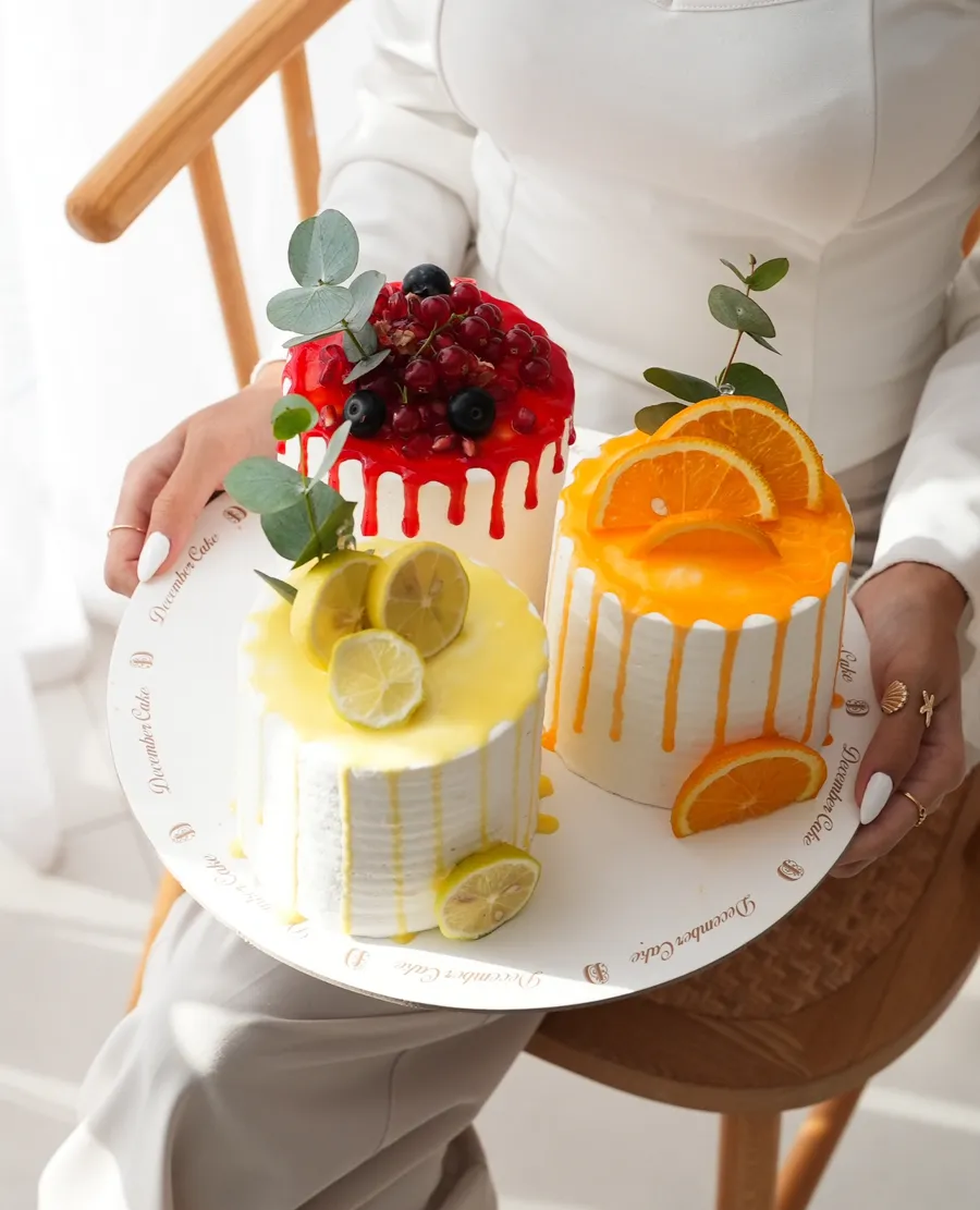 3 lemon, orange, and pomegranate cakes