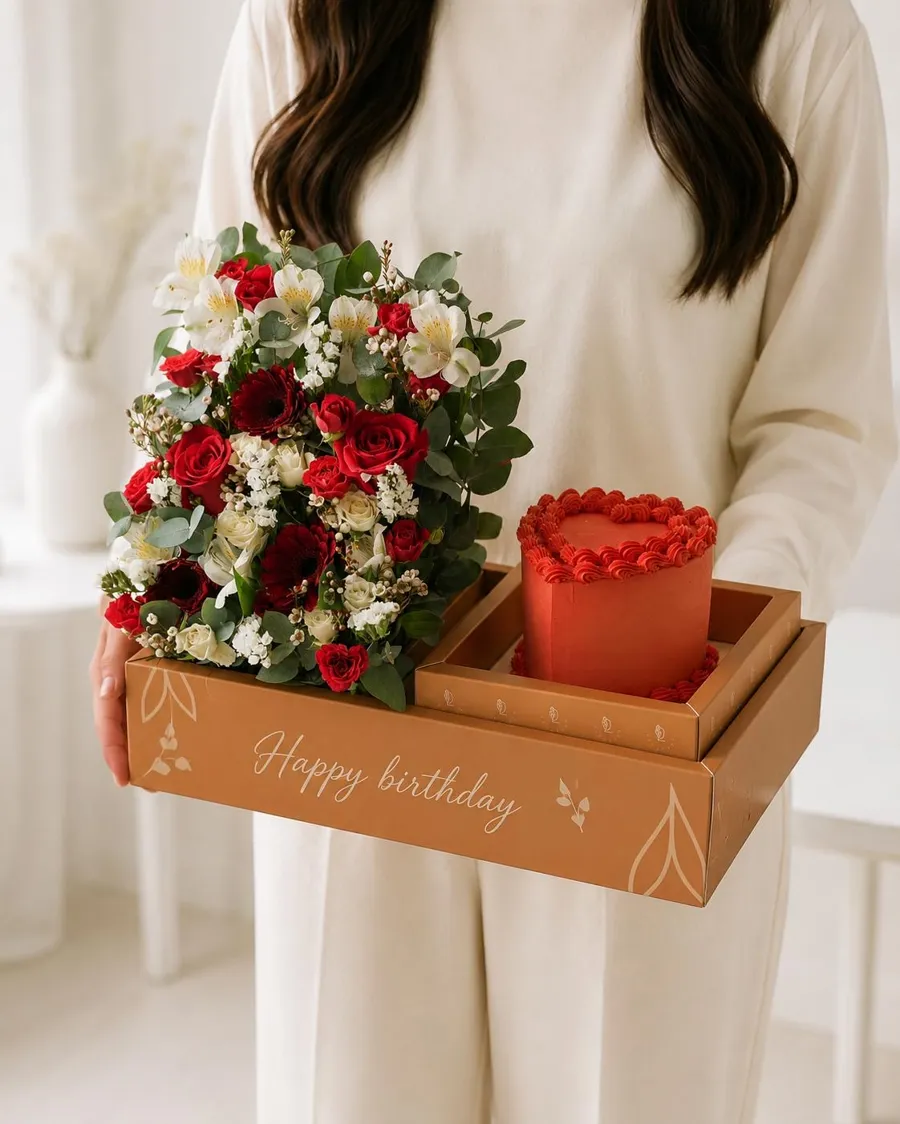 Elegant red cake - red flower ( mix chocolate vanilla 4inch)
