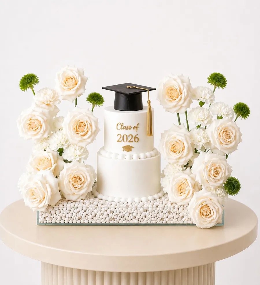 White graduation flower cake