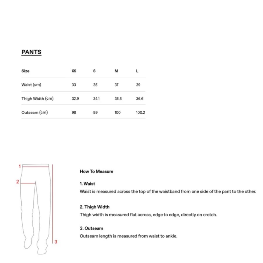 Joggers size chart