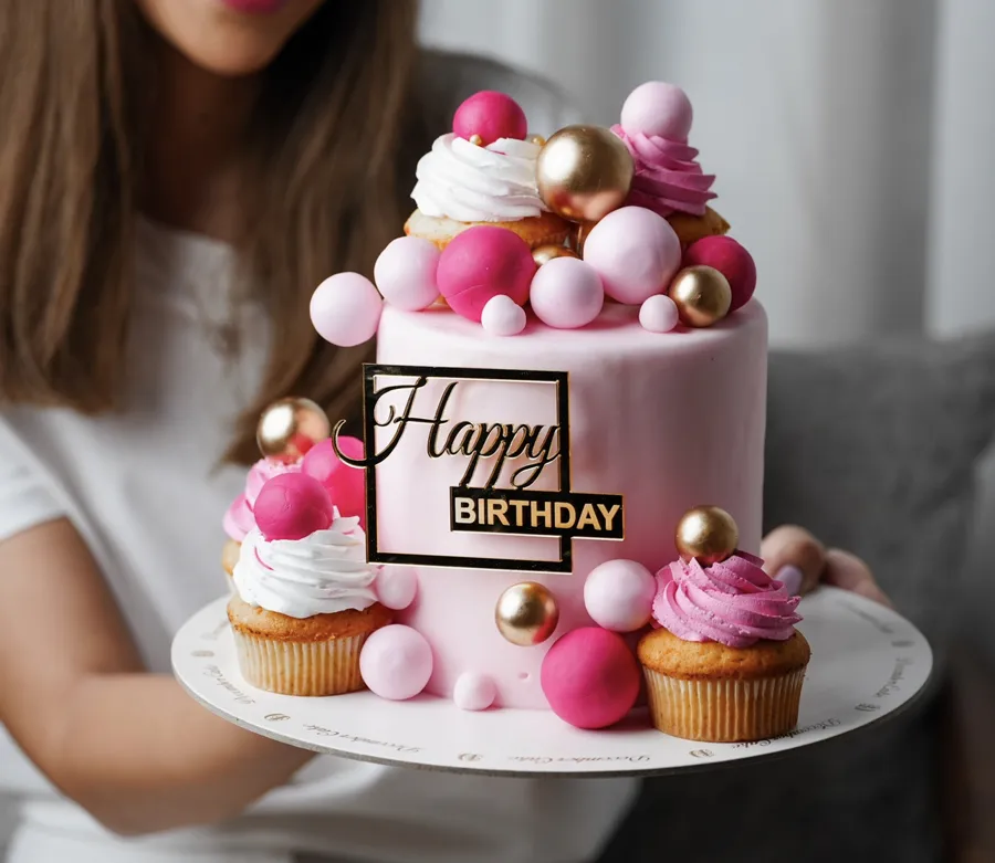 Pink Cake w/Cupcake for Birthday 6inch mix chocolate vanilla