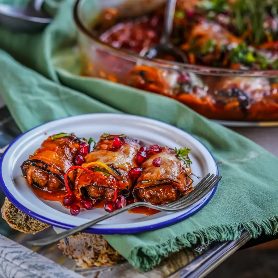 Eggplant roll stuffed with mini kabab