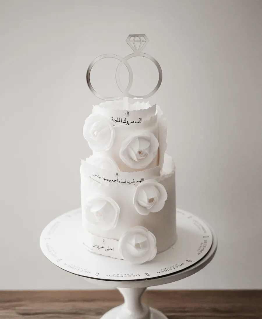 Double White Cake Flower for Bride w/ 3 toppers & Silver Ring