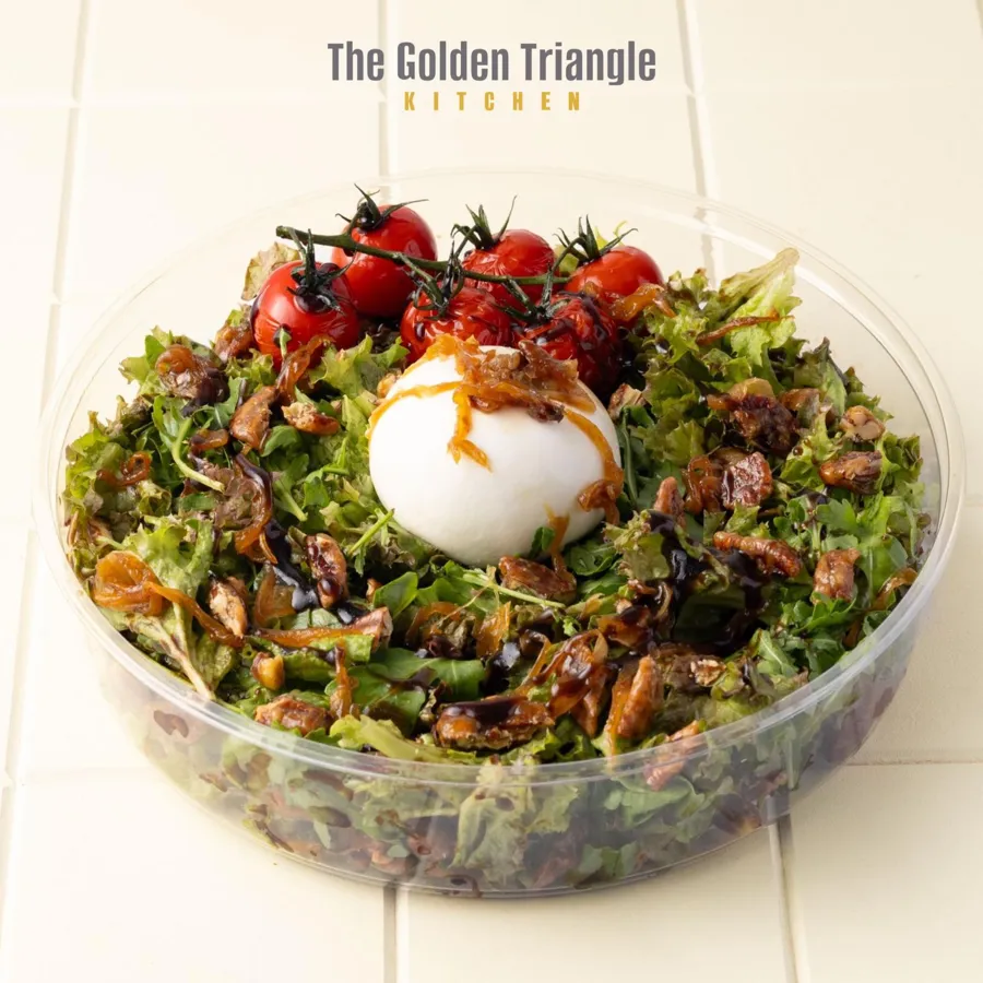 Burrata salad with caramelized onions, pecan, and balsamic sauce